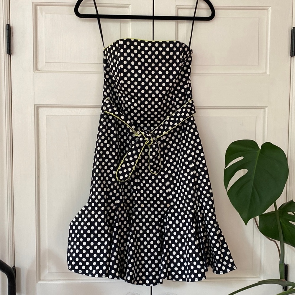 Sara Jane Strapless Polka‎ Dot Dress Navy and White Polka Dot Y2K Mini Size 4